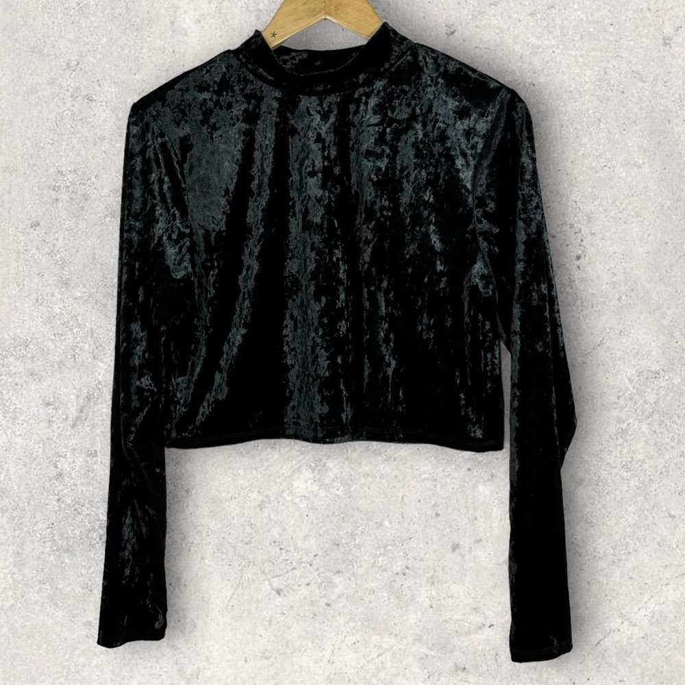 NEW Nordstrom Mock Neck Velvet‎ Top Black 2021 Size 2X BP Cropped Long Sleeve